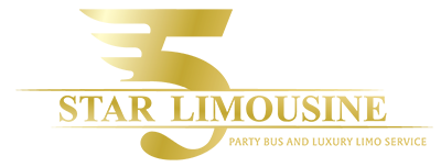 Gold logo of "5 Star Limousine" with the number 5 stylized and the tagline "Party Bus and Luxury Limo Service".