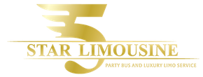 Gold logo of "5 Star Limousine" with the number 5 stylized and the tagline "Party Bus and Luxury Limo Service".