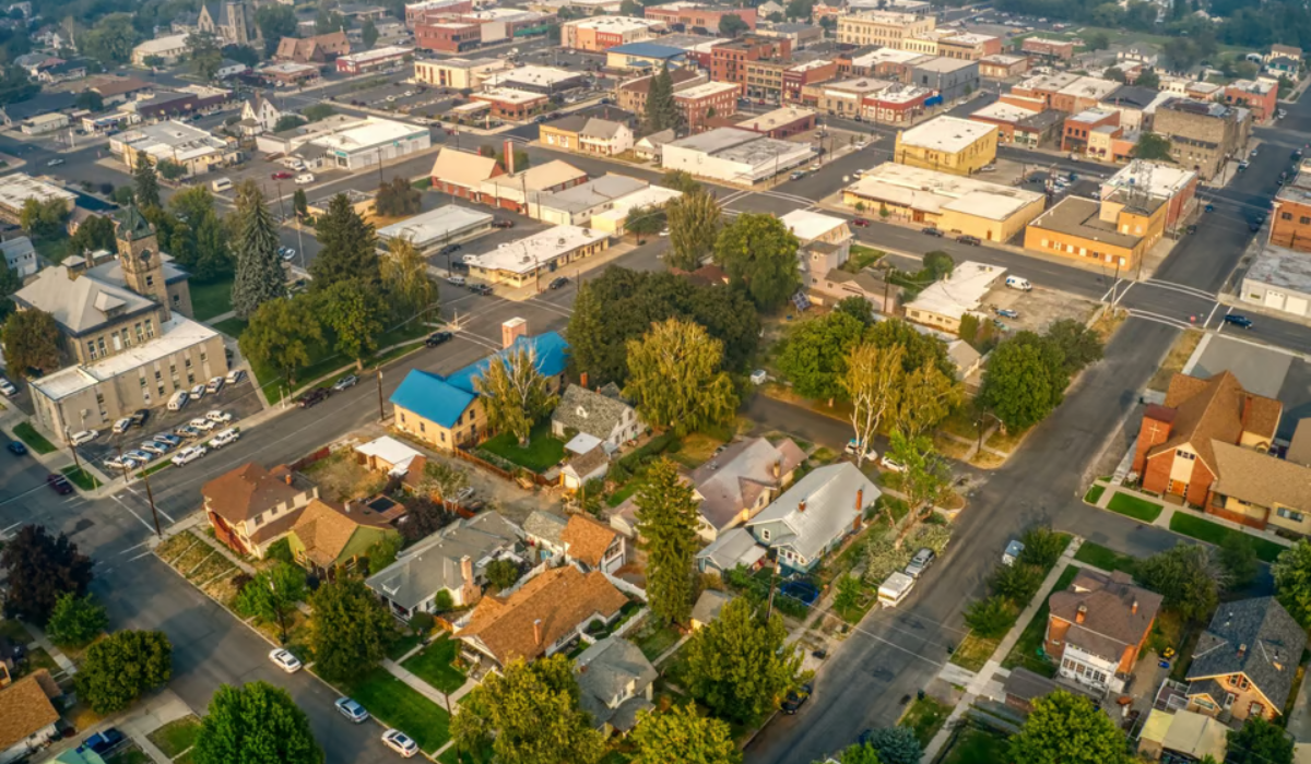 Aerial view of a suburban neighborhood with houses, streets, trees, and distant downtown buildings