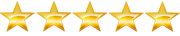 Five gold stars in a row on a white background