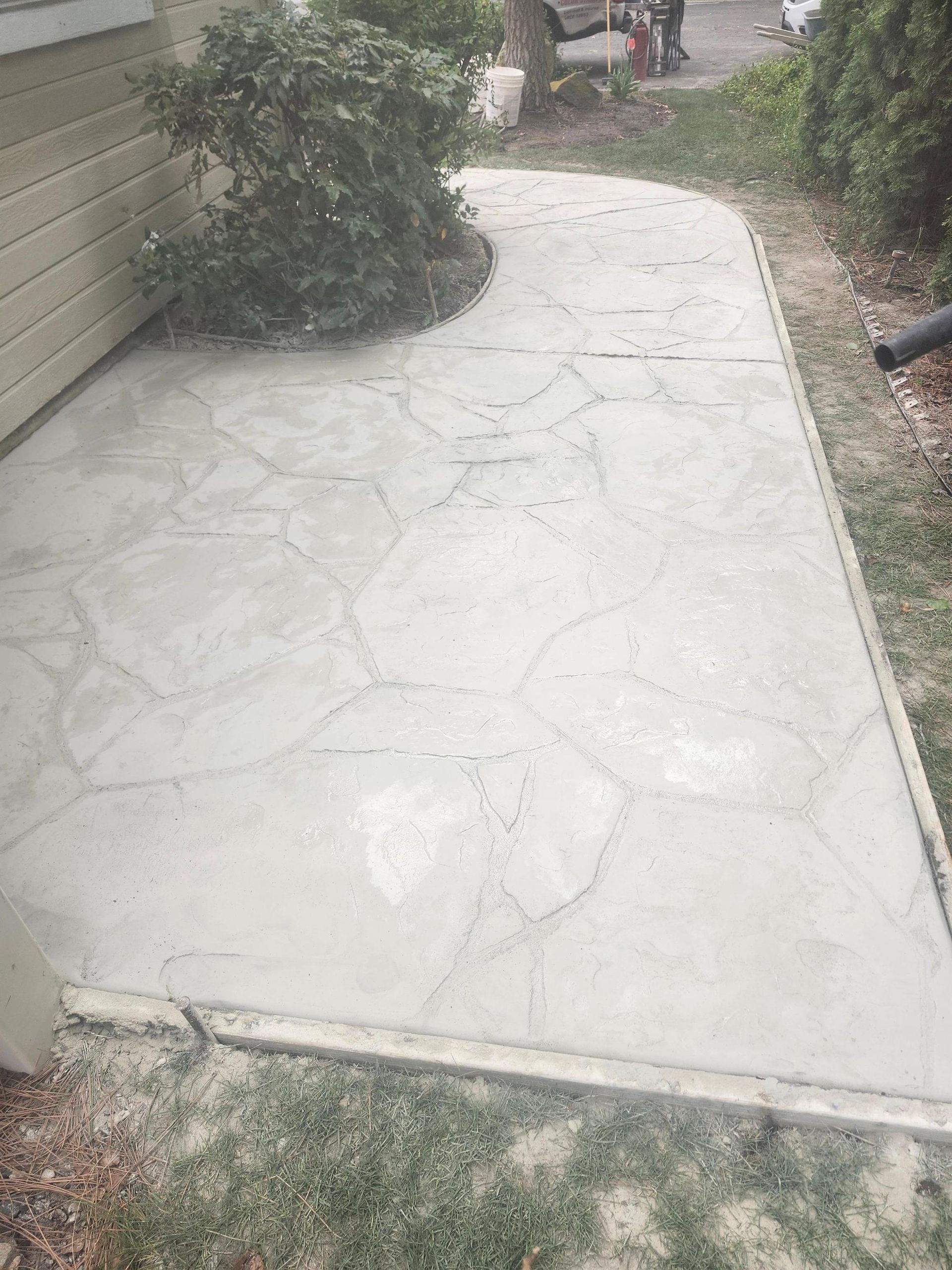Curved concrete walkway beside a house, bordered by bushes and a small patch of grass.