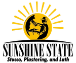 A black and yellow logo featuring a professional applying stucco against a rising sun, with the text "Sunshine State".