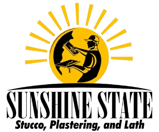 A black and yellow logo featuring a professional applying stucco against a rising sun, with the text "Sunshine State".