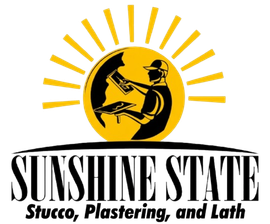 A black and yellow logo featuring a professional applying stucco against a rising sun, with the text "Sunshine State".