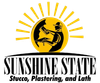 A black and yellow logo featuring a professional applying stucco against a rising sun, with the text "Sunshine State".