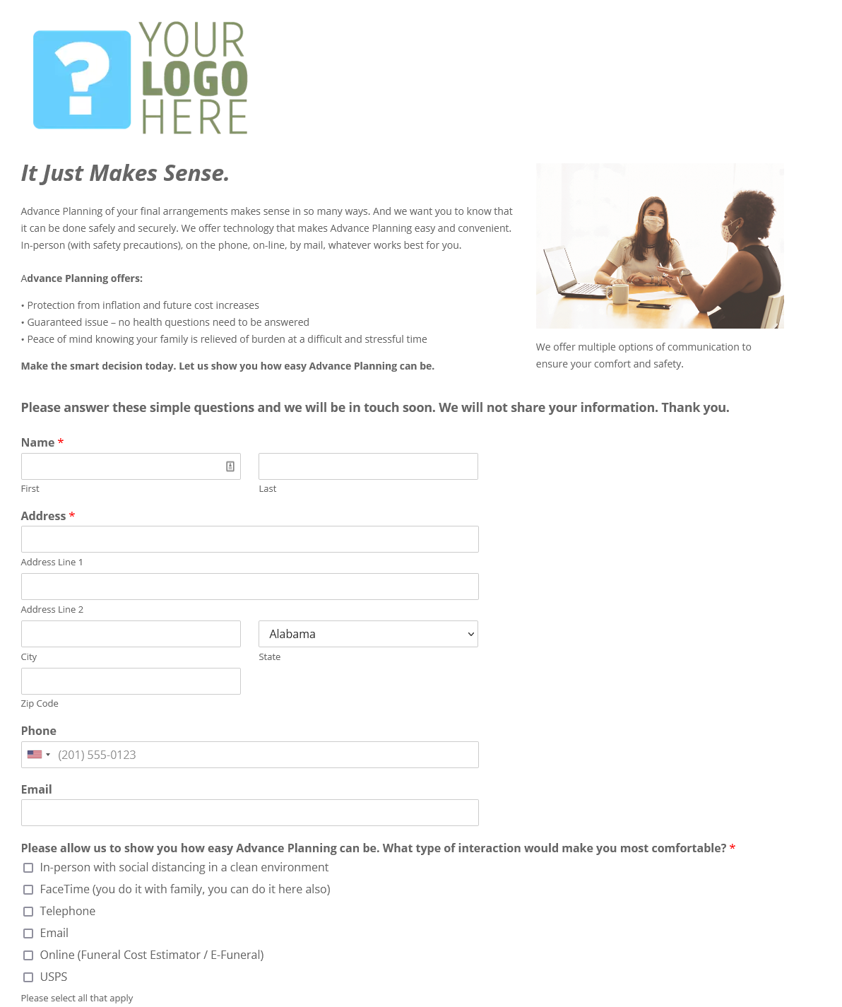 A woman is sitting at a table talking to another woman. With survey questions about advance planning