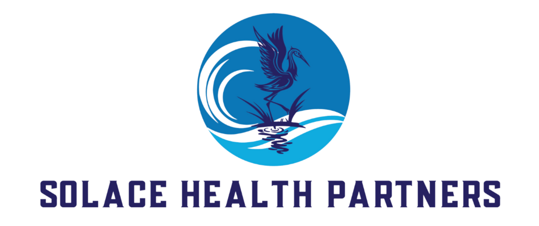 The logo for solace health partners is a blue circle with a bird on it.