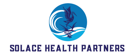 The logo for solace health partners is a blue circle with a bird on it.