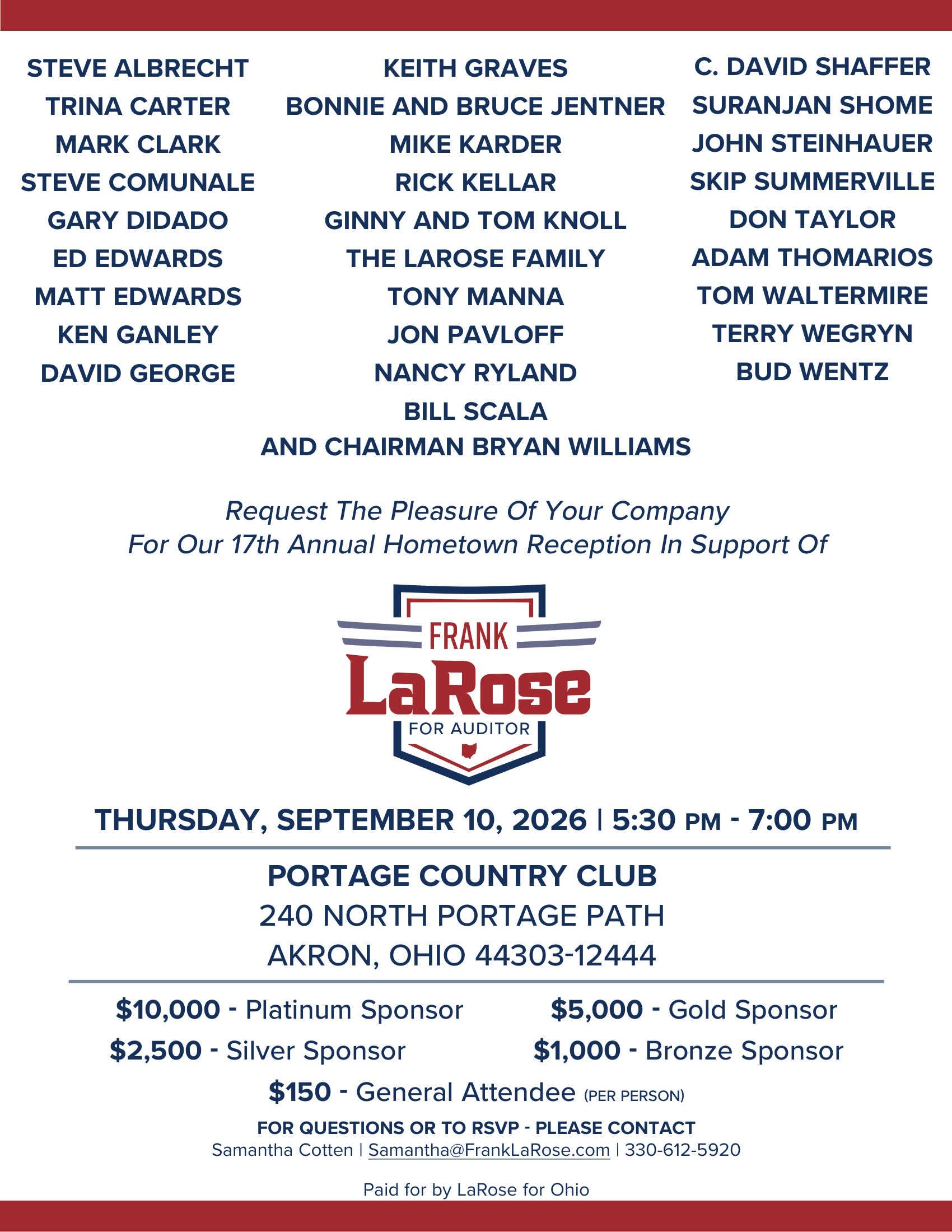 Political event invitation: Frank LaRose fundraiser at Portage Country Club, Akron, Ohio. Tuesday, September 30, 2025.