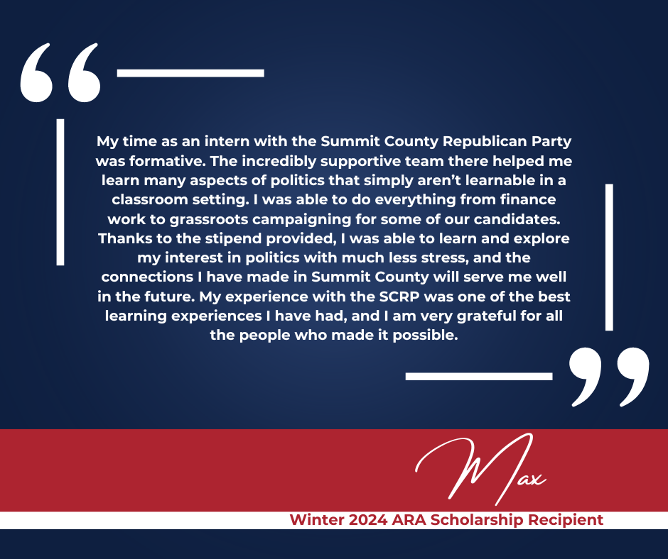 Testimonial from Max, an intern for the Summit County Republican Party, praising their experience.