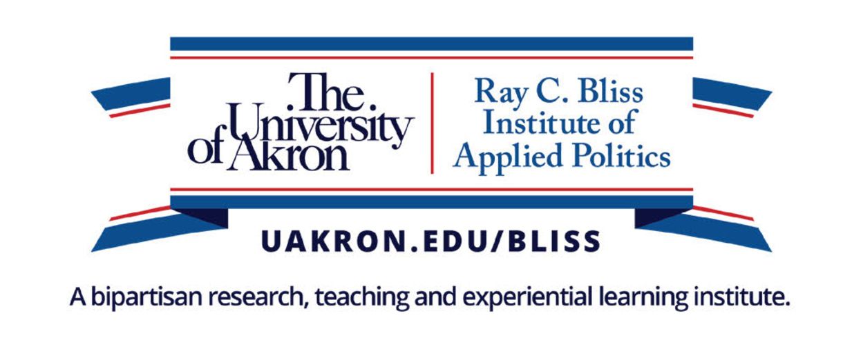 Logo for Ray C. Bliss Institute of Applied Politics at The University of Akron. Blue, red and white.