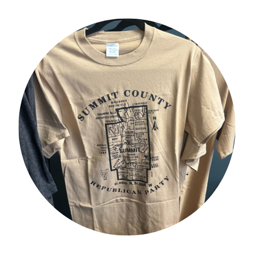 Tan t-shirt featuring a map of Summit County, with