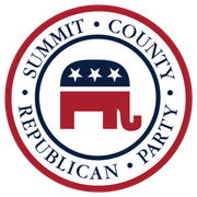 Logo for Summit County Republican Party: red, white, and blue elephant with stars inside a circle.