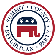 Logo for Summit County Republican Party: red, white, and blue elephant with stars inside a circle.