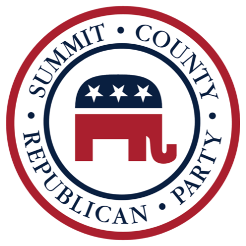 Logo for Summit County Republican Party: red, white, and blue elephant with stars inside a circle.