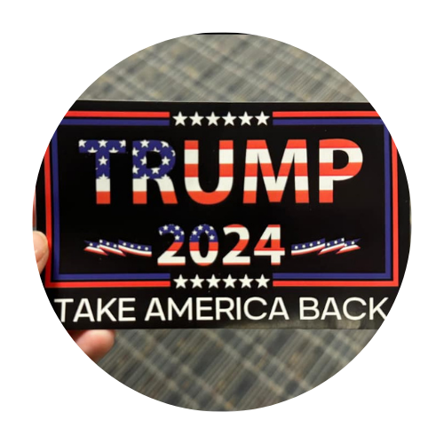 Trump 2024 bumper sticker with American flag theme, saying