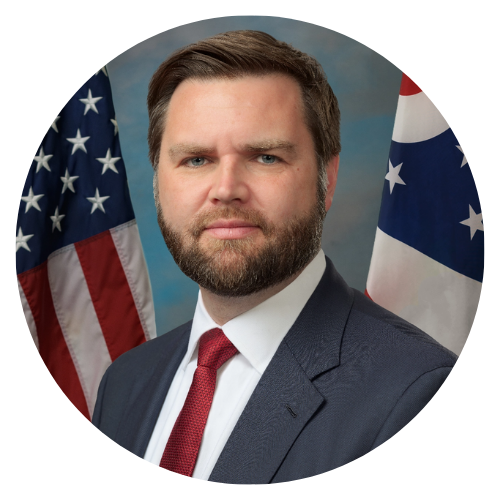 JD Vance, U.S. Senator from Ohio, in a suit and tie, with American and Ohio flags.