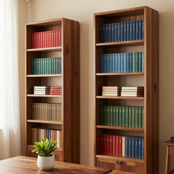 Two tall wooden bookshelves filled with colorful books beside a small potted plant in a cozy room