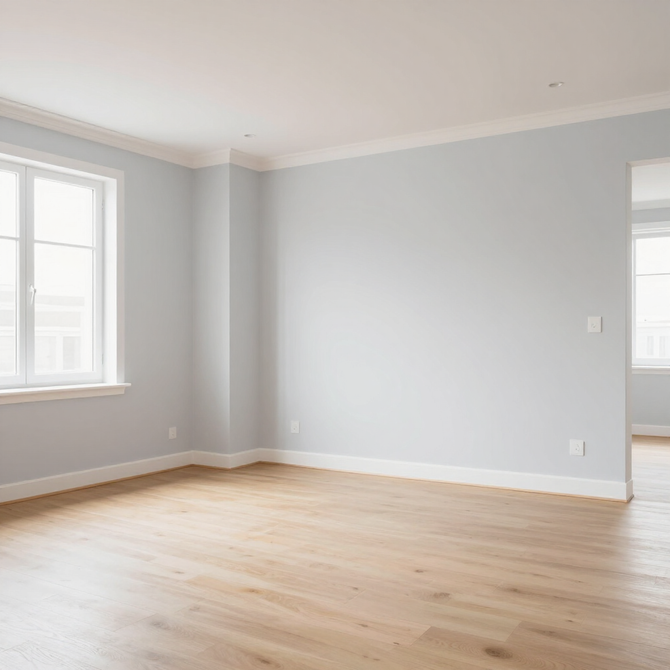 Empty light-gray room with two windows, white trim, and hardwood floors.