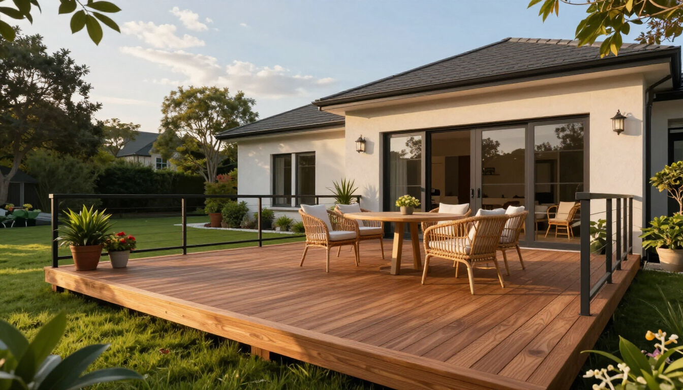 Modern house patio with wooden deck, outdoor dining set, and sliding glass doors in a sunny garden