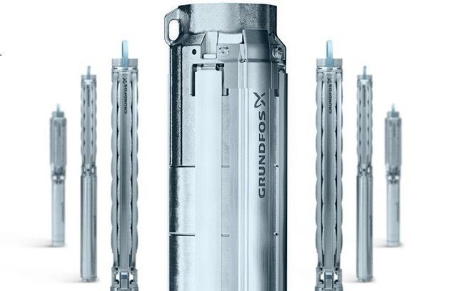 A group of water pumps are lined up next to each other on a white background.