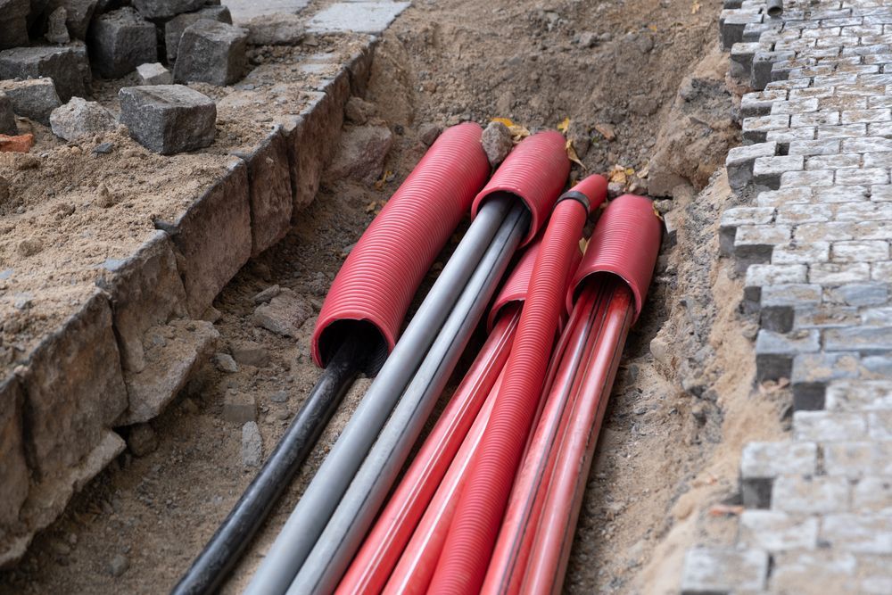 Pipes in a Trench, Red and Gray Conduits in Sandy — Atherton Location Services In Atherton, QLD