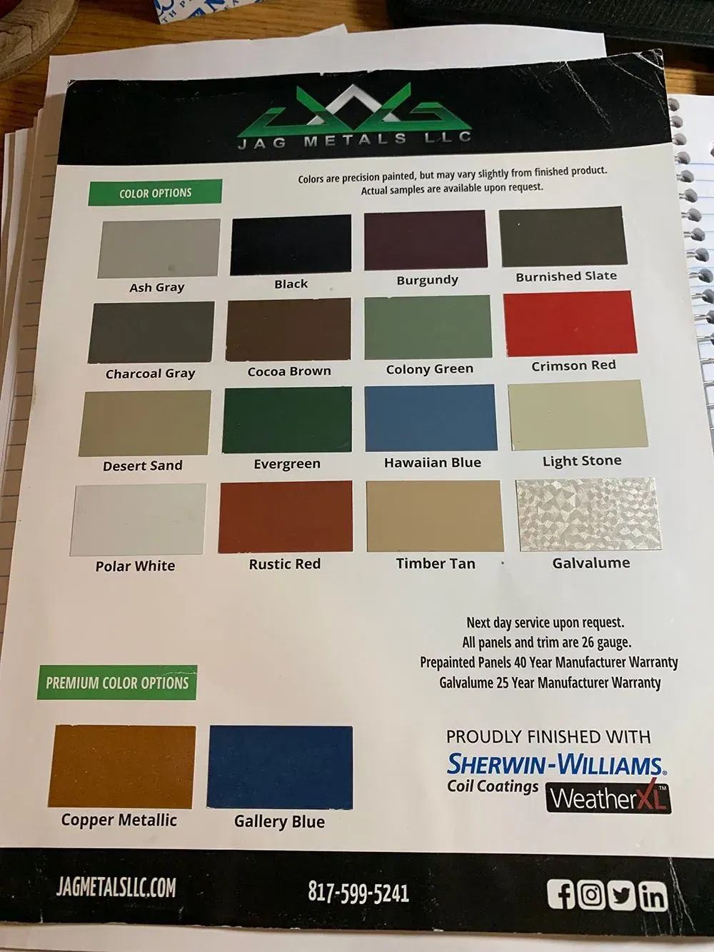 A color chart from J&G Metal LLC showing available paint finishes for metal roofing in a grid of various shades.