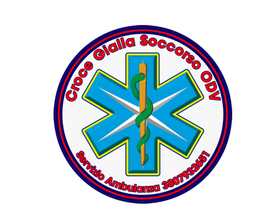 Logo circolare Croce Gialla Soccorso DNV con stella medica blu e staff verde su sfondo bianco