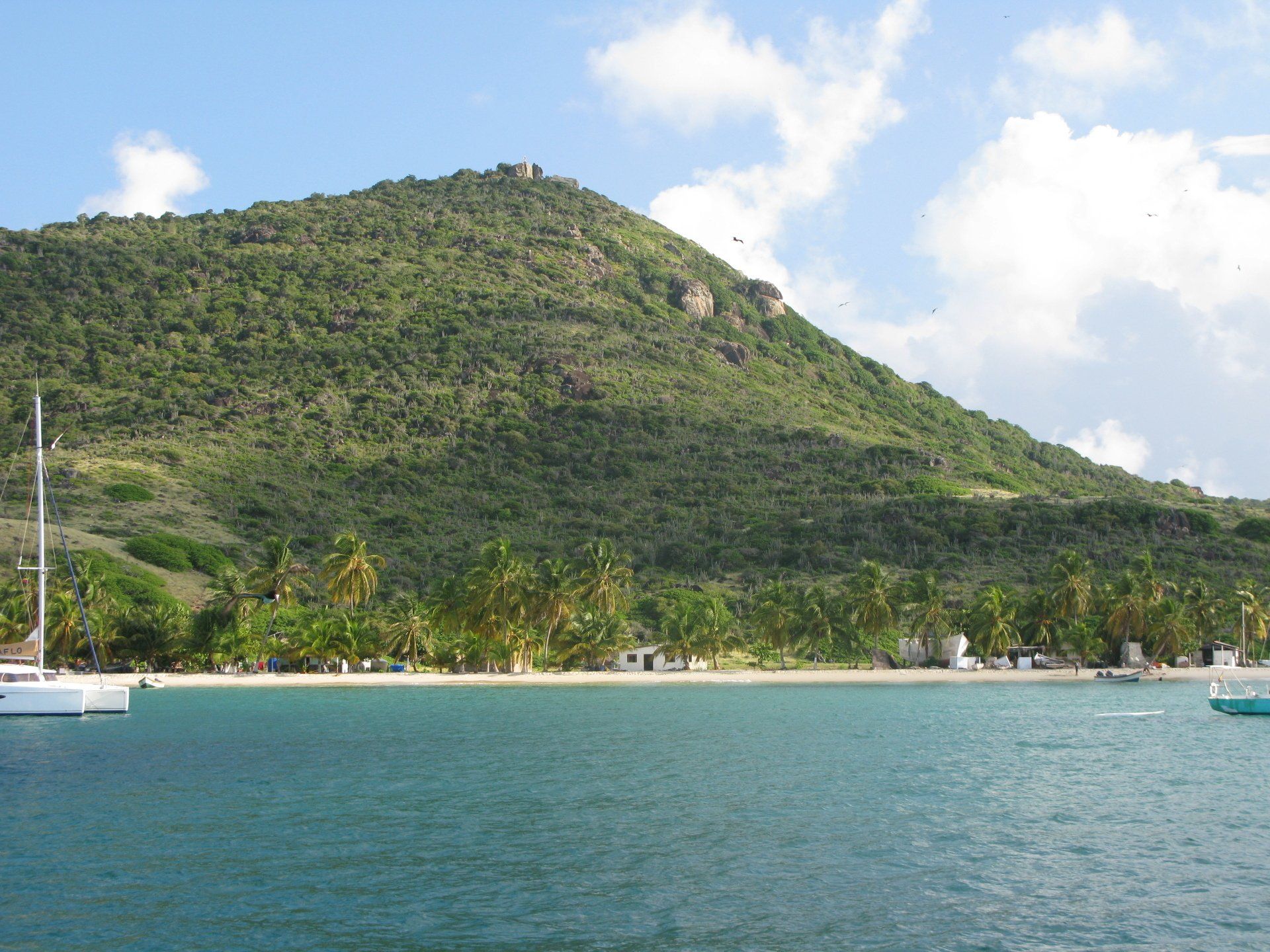 A boat in the water with a mountain in the background