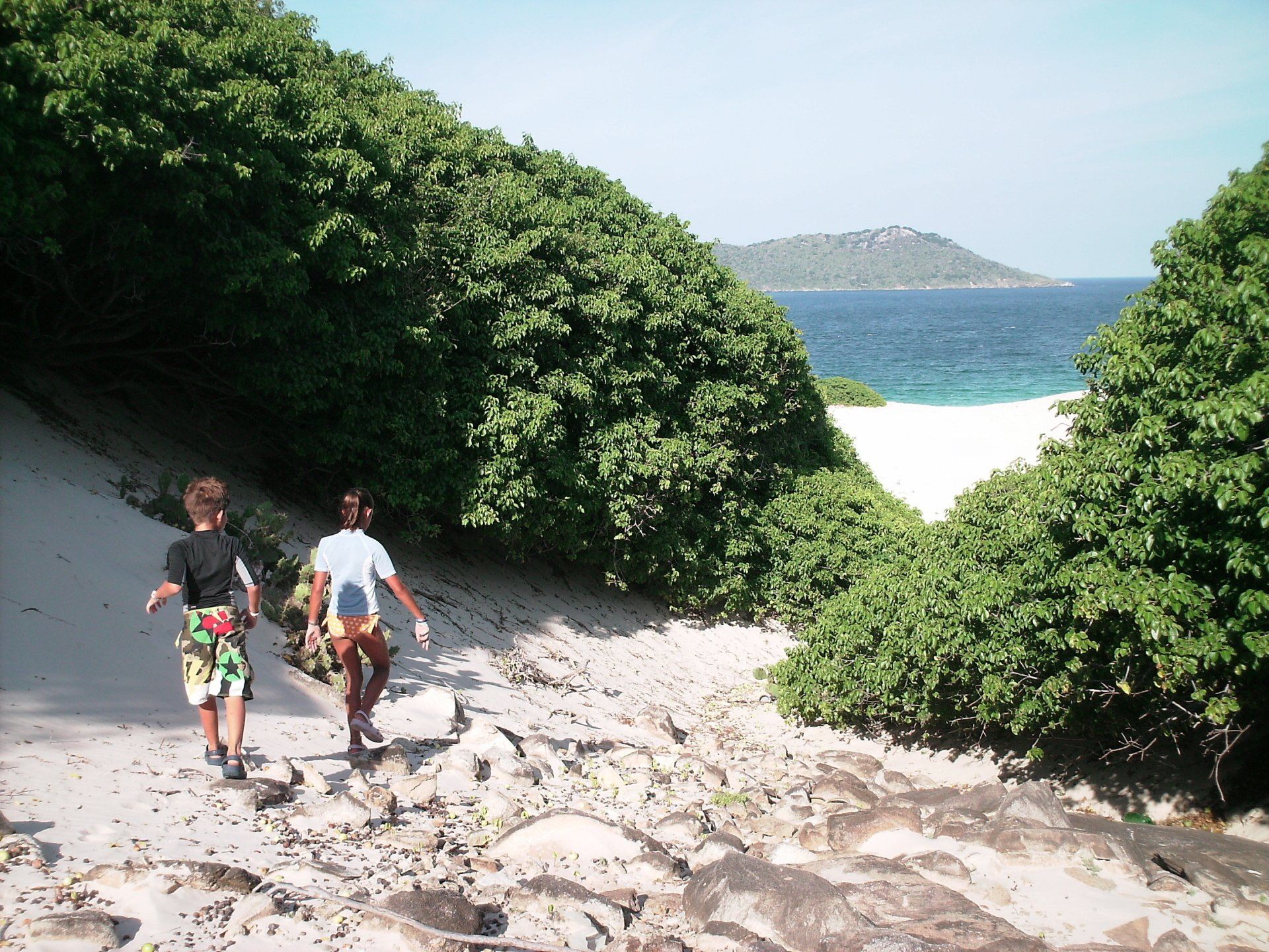 Two people walking down a path towards the ocean