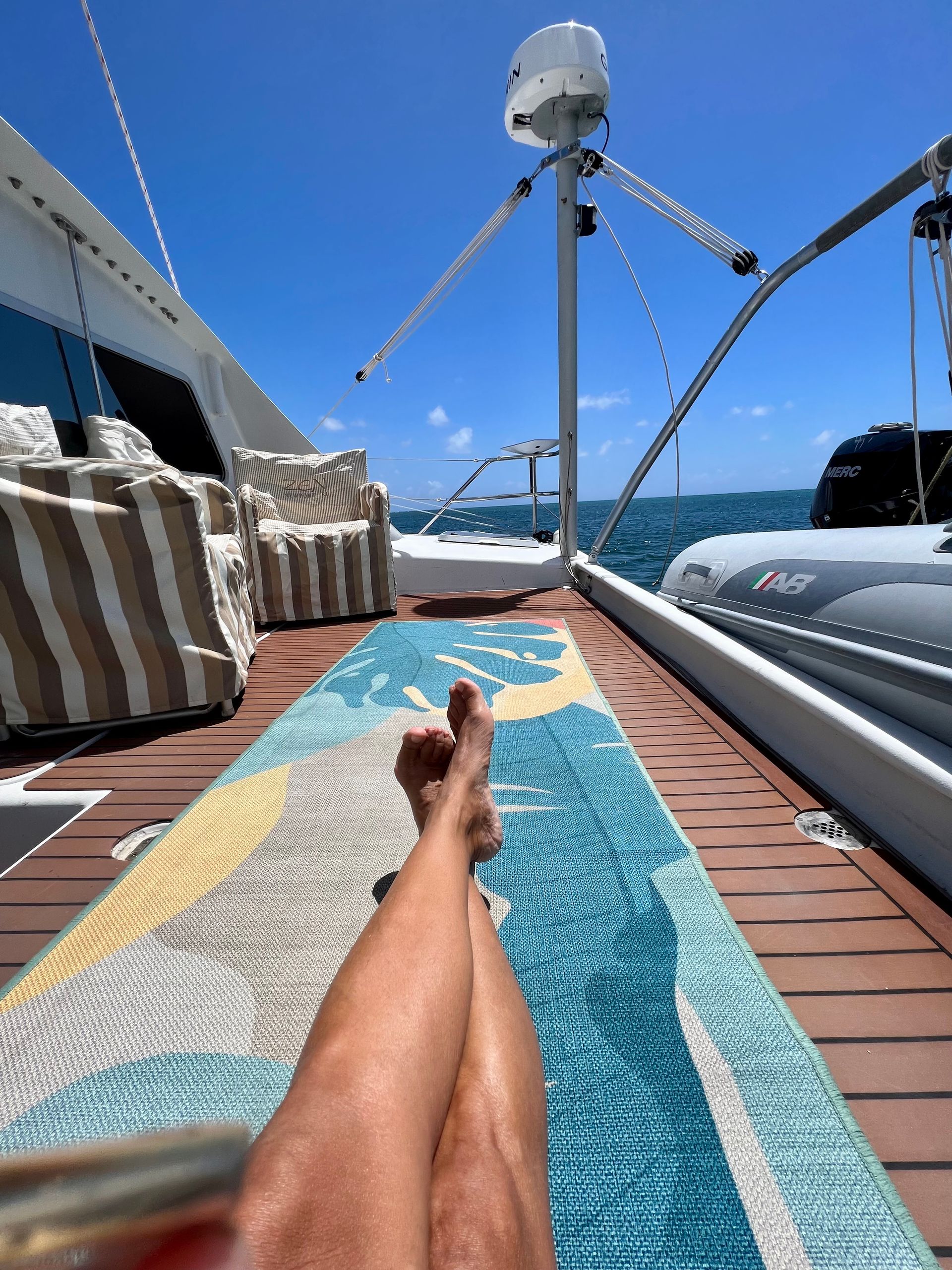 Chris White performance sailing catamaran Atlantic 48 ZEN private listing Rhode Island aft deck facing starboard hull with starlink and garmin radar