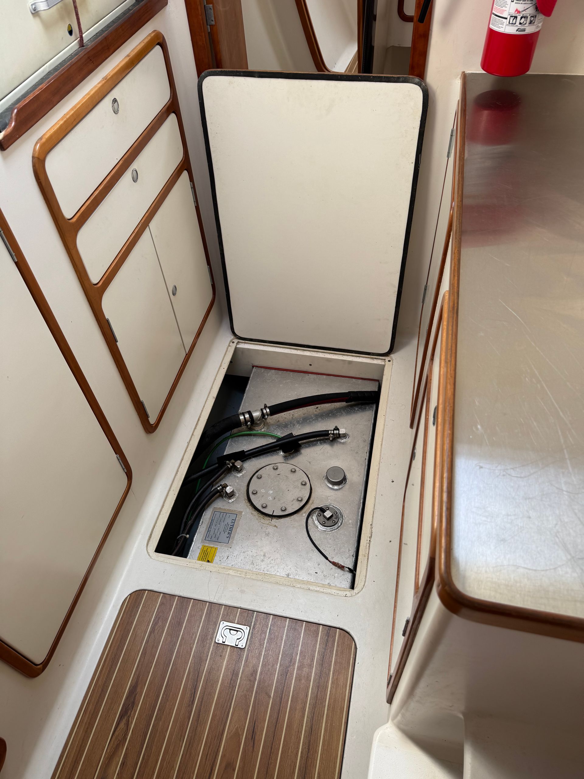 Chris White performance sailing catamaran Atlantic 48 ZEN private listing Rhode Island port workroom stainless steel, custom fuel tank