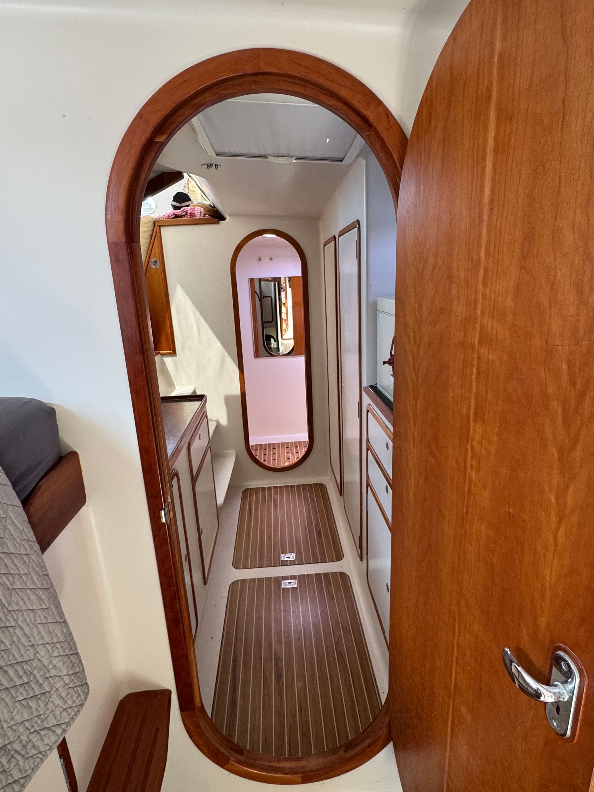 Chris White performance sailing catamaran Atlantic 48 ZEN private listing Rhode Island port interior hull midship facing aft