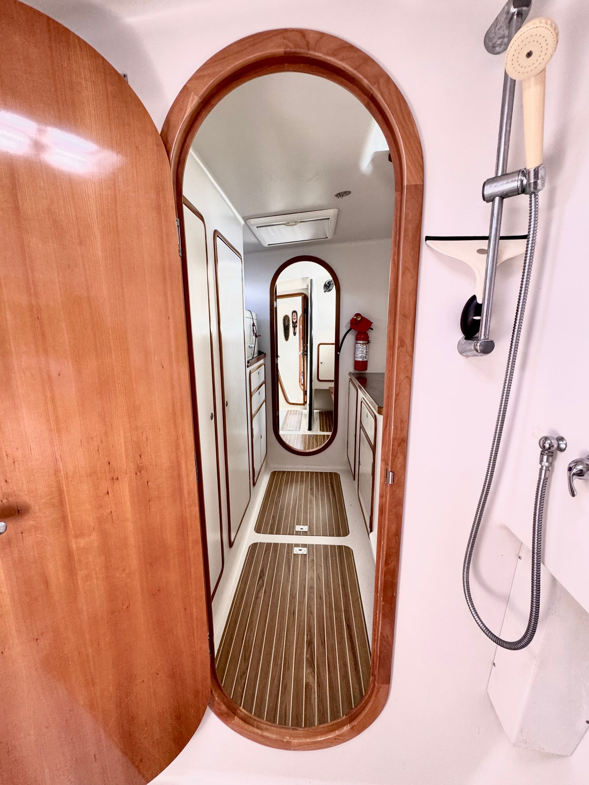 Chris White performance sailing catamaran Atlantic 48 ZEN private listing Rhode Island port walk-in shower
