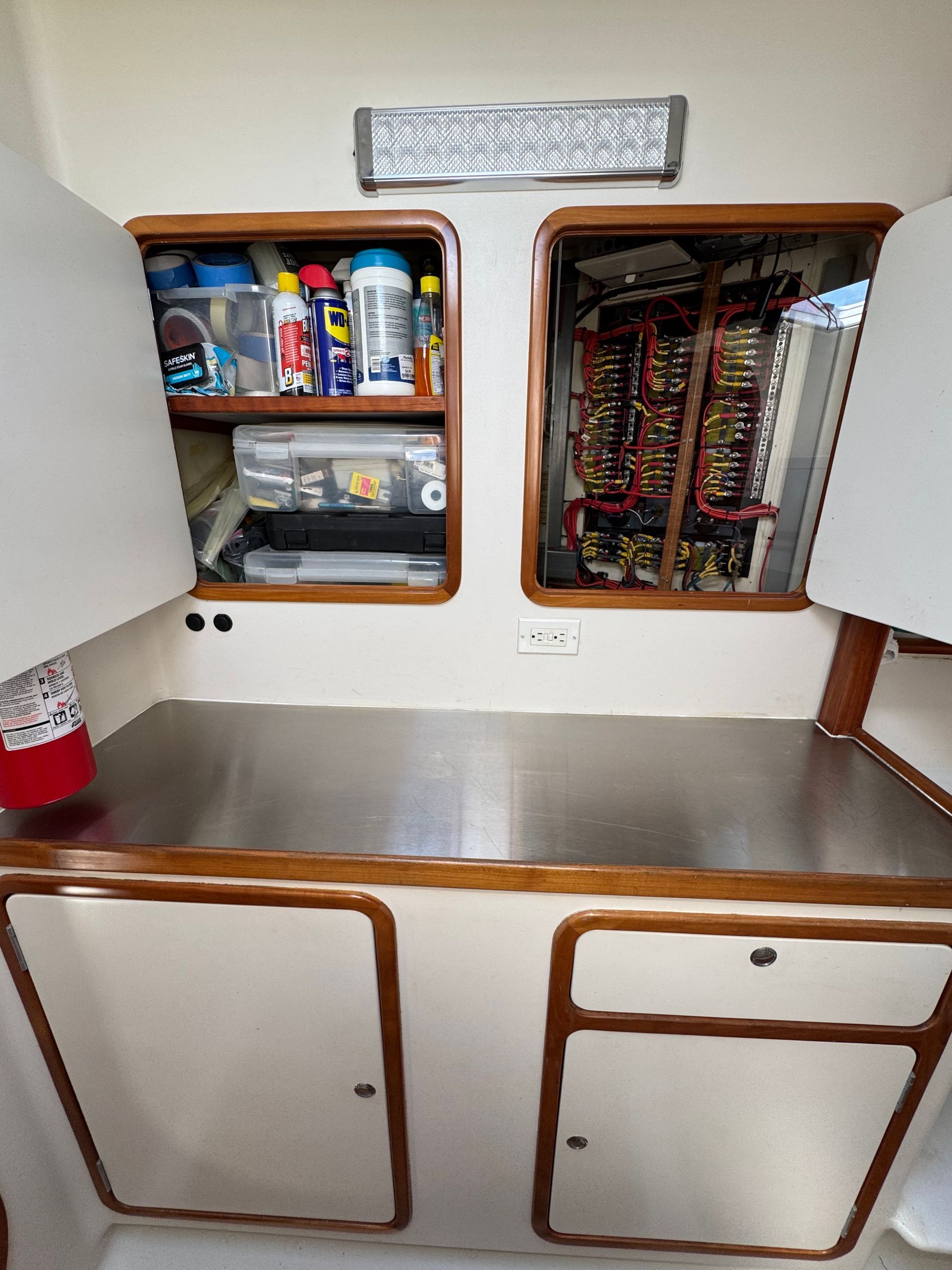 Chris White performance sailing catamaran Atlantic 48 ZEN private listing Rhode Island port workroom stainless steel, storage and stainless steel work bench