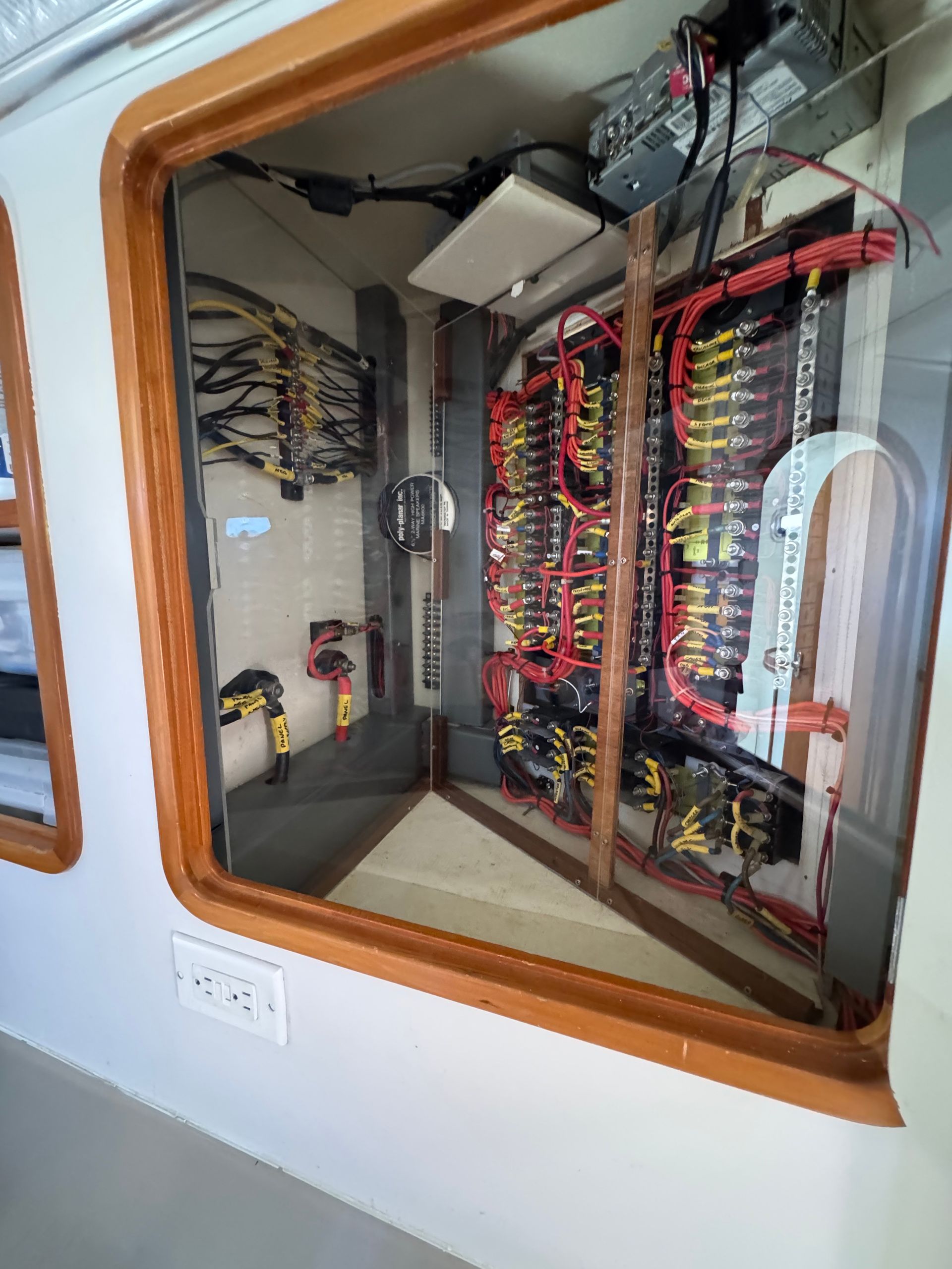 Chris White performance sailing catamaran Atlantic 48 ZEN private listing Rhode Island port workroom stainless steel, storage and stainless steel work bench - electrical wiring