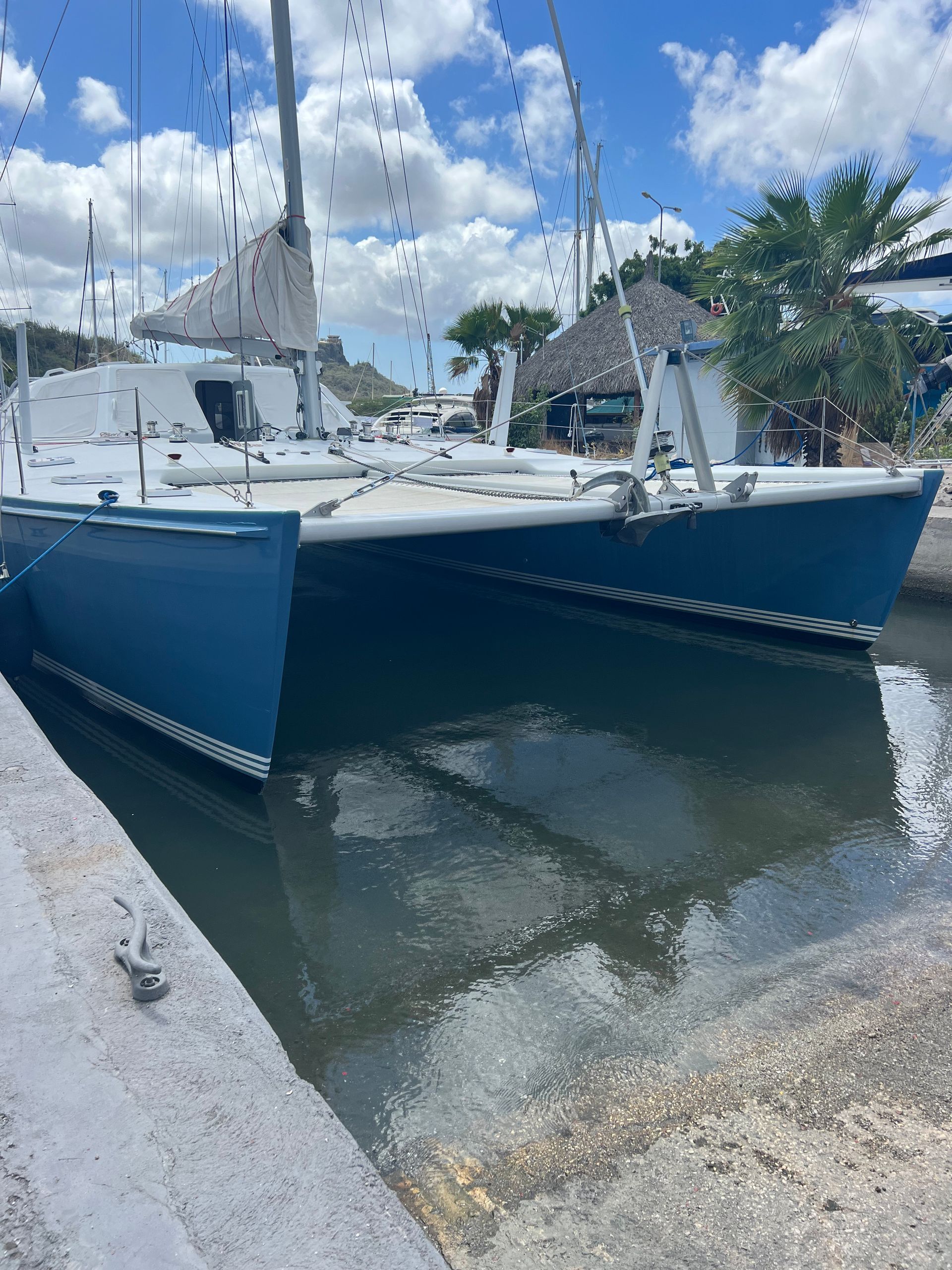 Chris White performance sailing catamaran Atlantic 48 ZEN private listing Rhode Island relaunch via hydraulic trailer bows