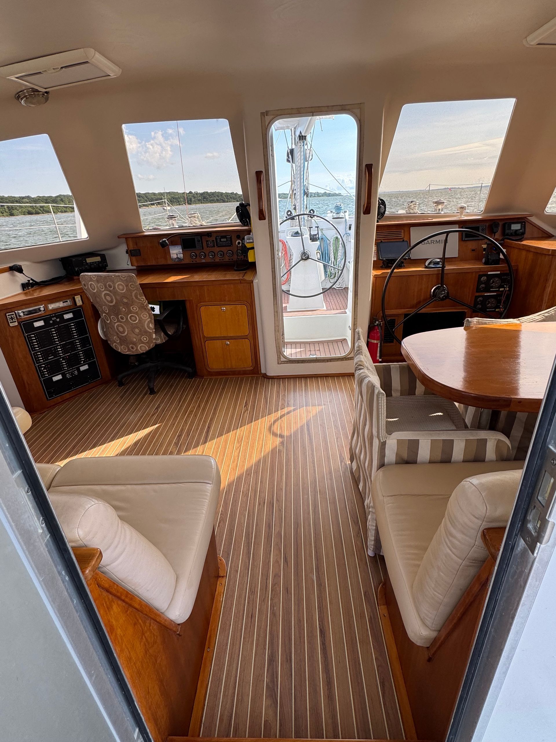 Chris White Atlantic 48 private listing Rhode Island - ZEN for sale - main salon bridgedeck facing forward cockpit