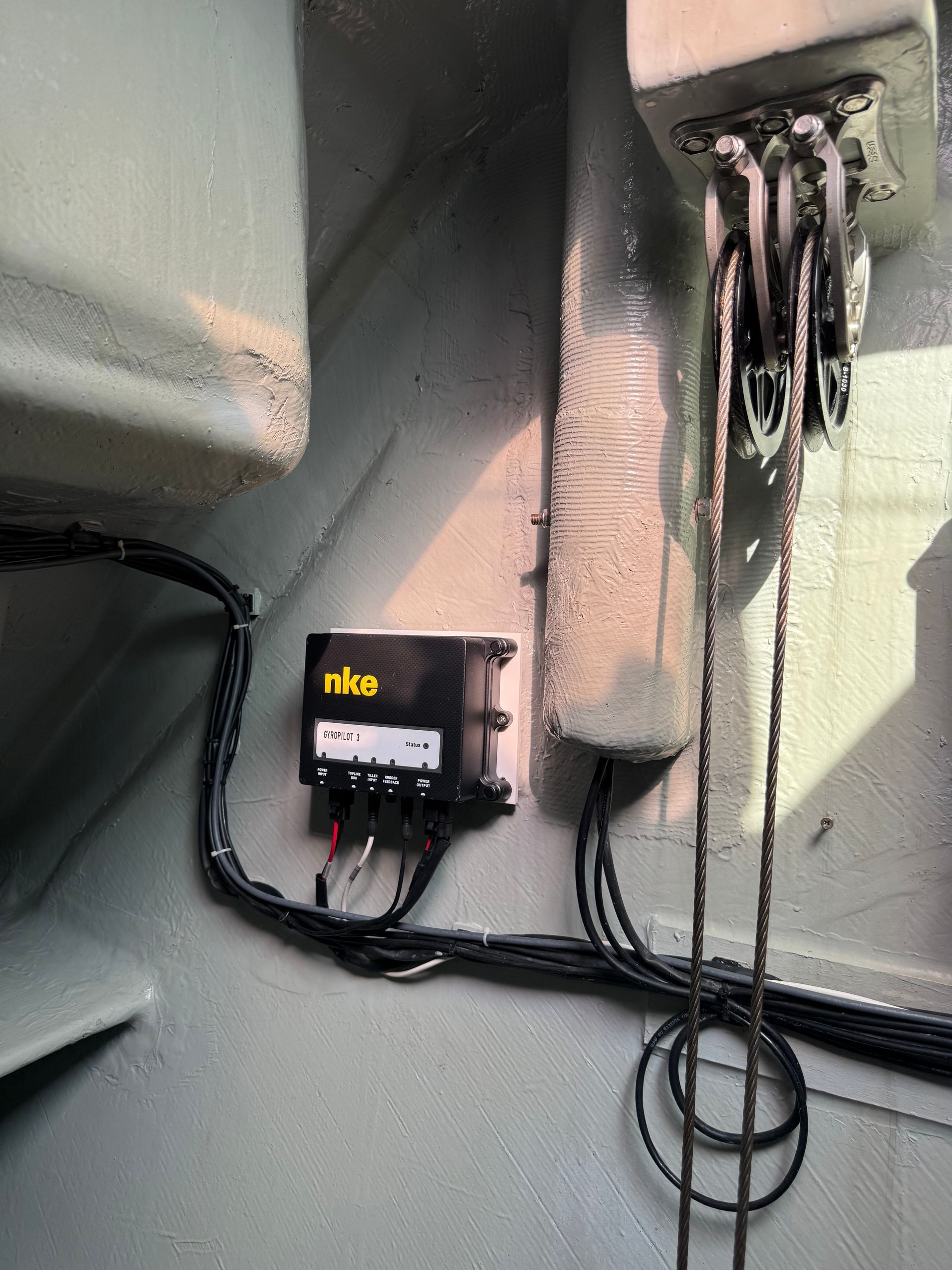 Chris White performance sailing catamaran Atlantic 48 ZEN private listing Rhode Island starboard engine room with NKE autopilot