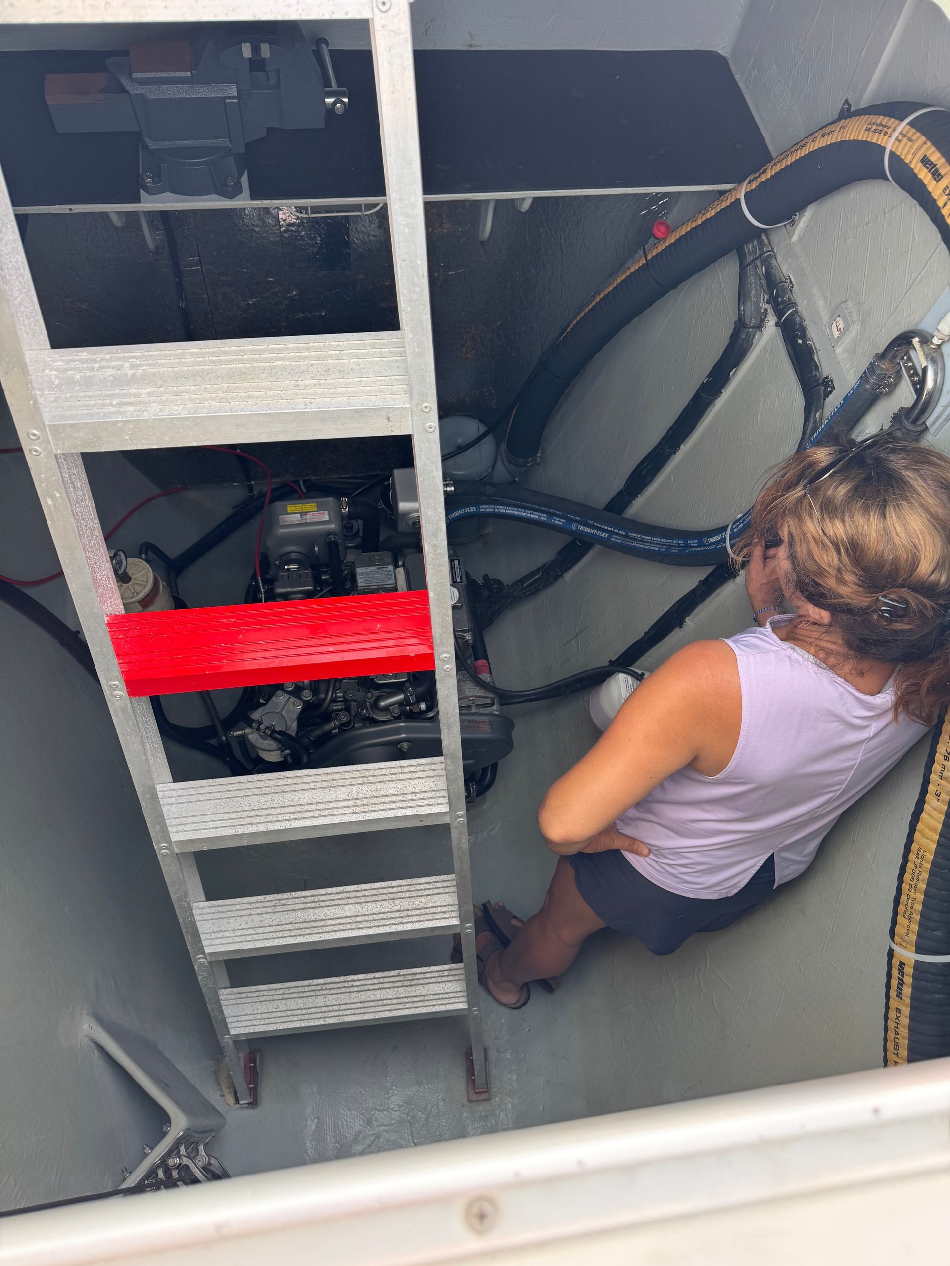 Chris White performance sailing catamaran Atlantic 48 ZEN private listing Rhode Island starboard engine room with NKE autopilot and yanmar engines
