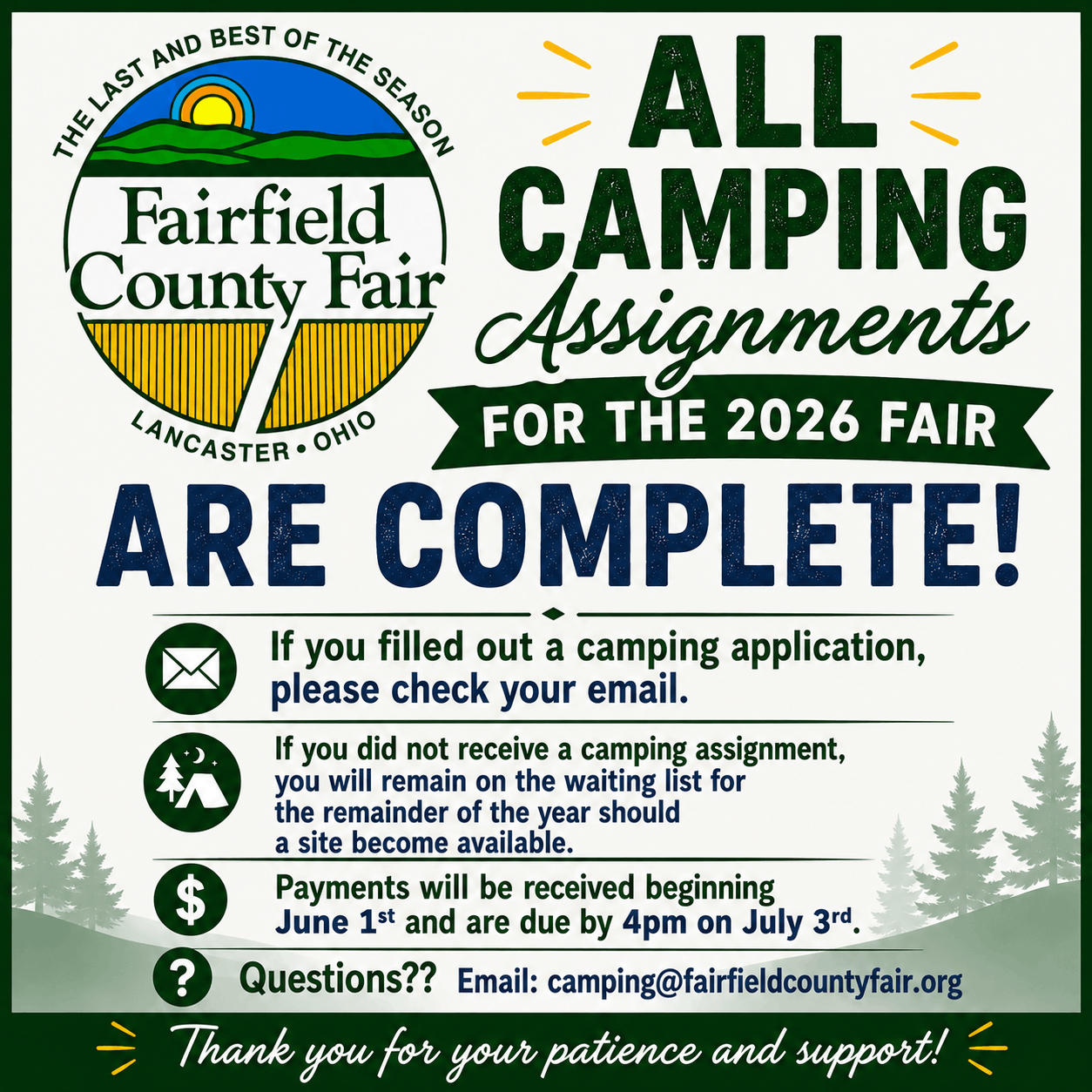 Fairfield County Fair poster announcing 2026 camping assignments are complete; contact email and payment dates listed.