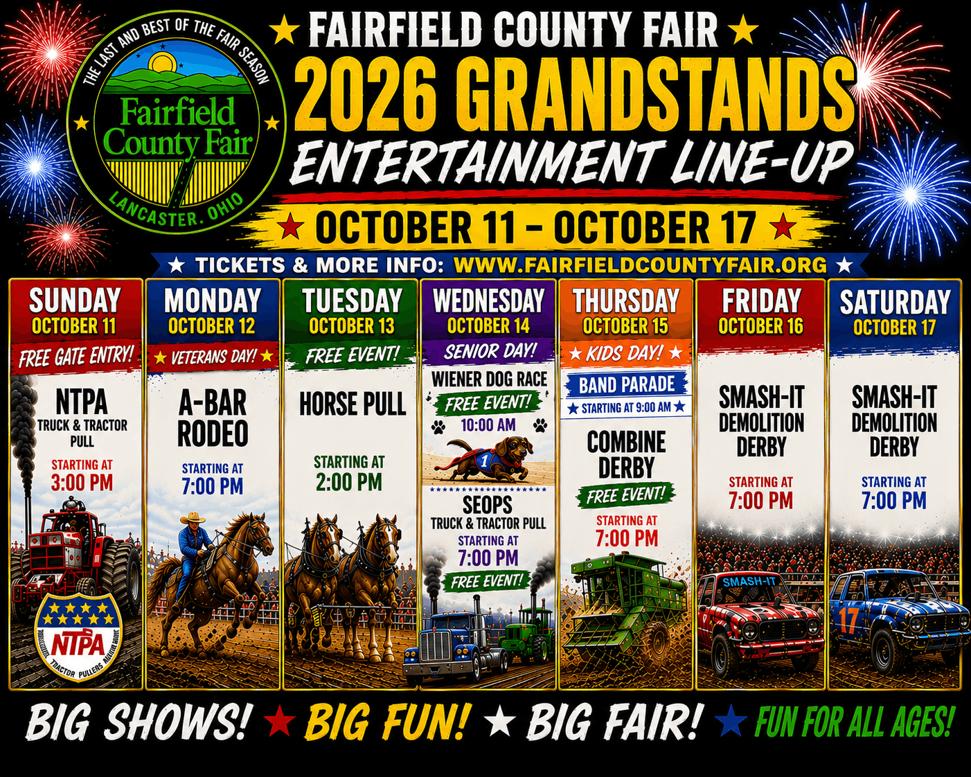 Fairfield County Fair 2026 Grandstands entertainment lineup poster with daily events and colorful festival graphics