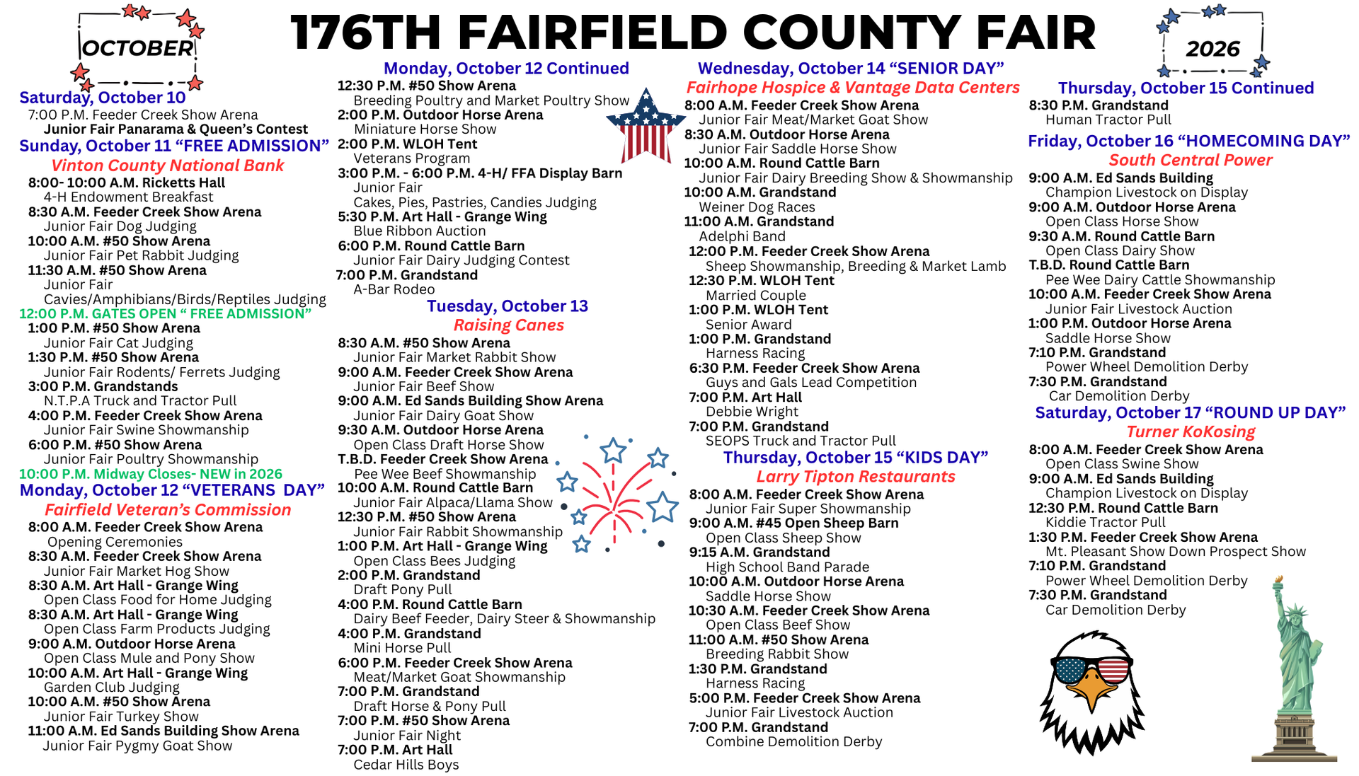 Fairfield County Fair schedule poster with a white background and blue title, listing daily events and times.