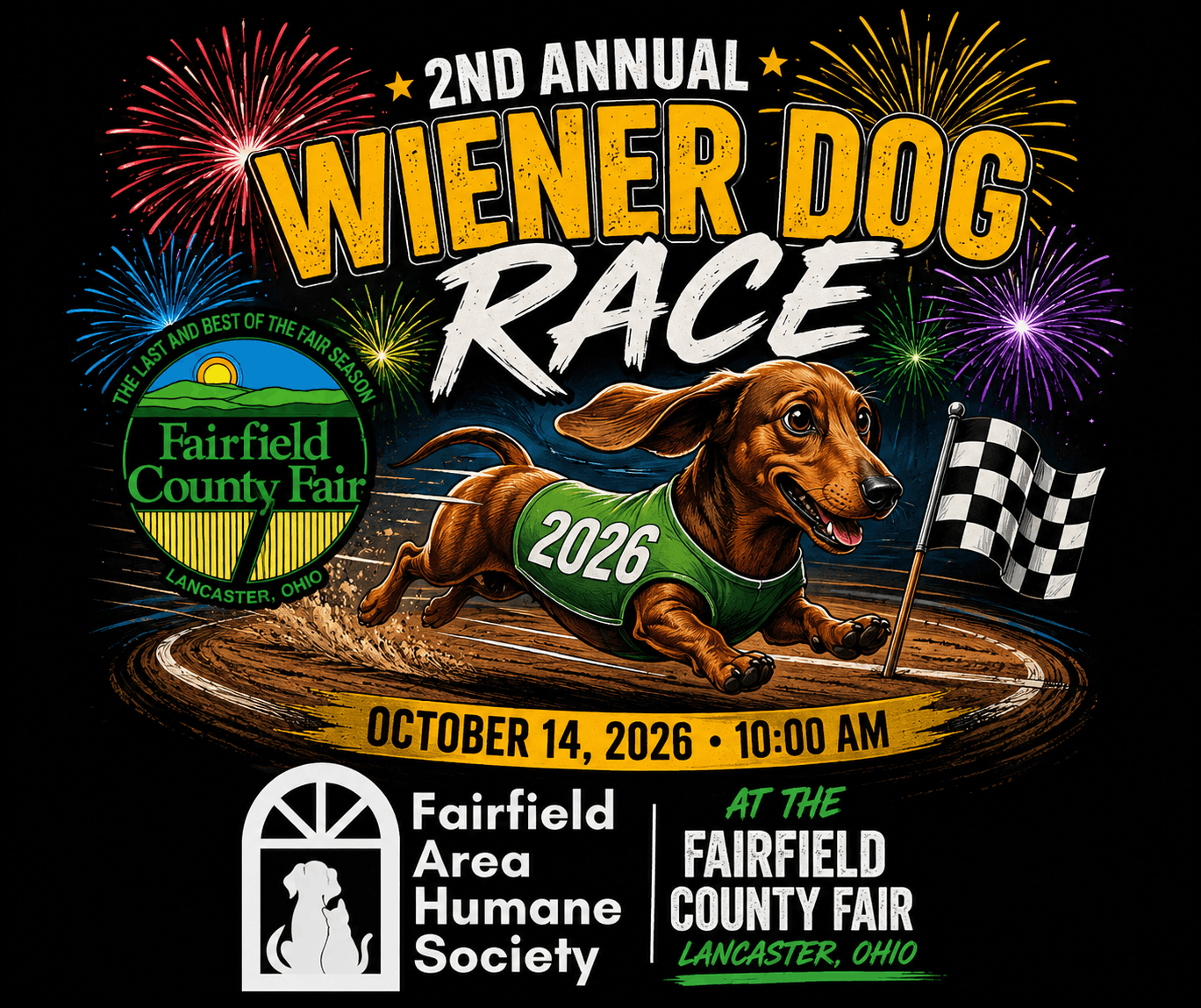 Wiener dog race poster with brown dachshund, fireworks, checkered flag, and Fairfield County Fair details
