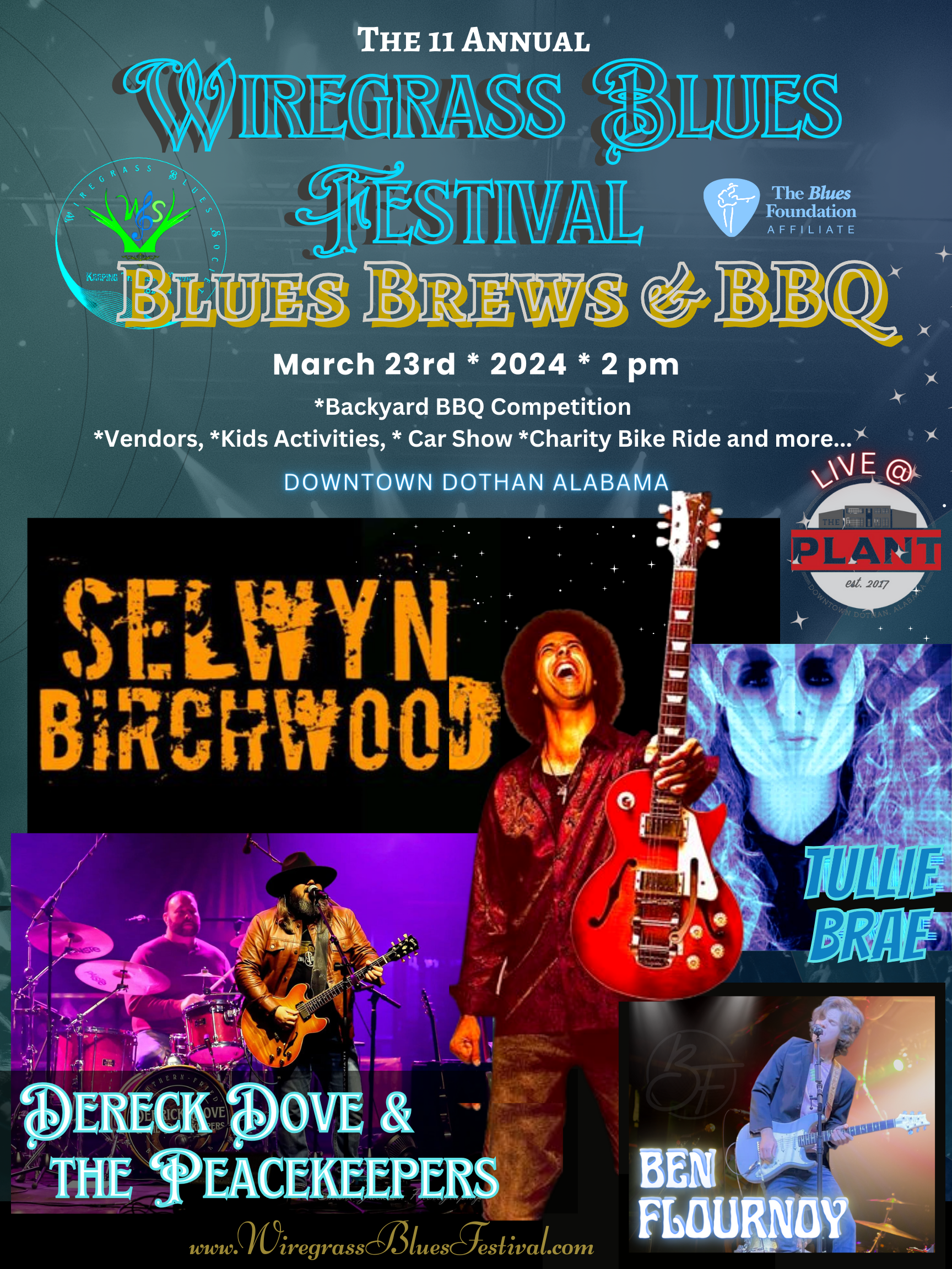 Poster: Wiregrass Blues Festival, March 23, 2024, with Selwyn Birchwood, Dereck Dove, and Ben Flournoy.