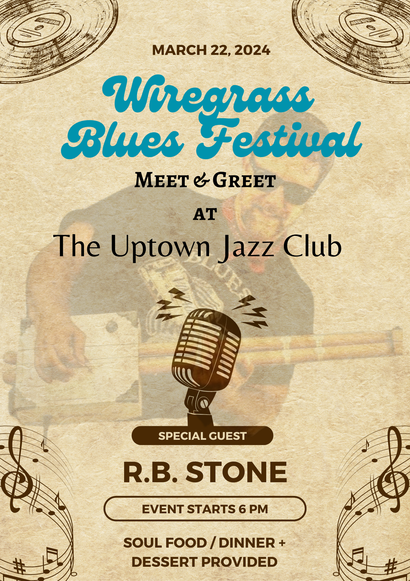 Poster for Wiregrass Blues Festival Meet & Greet at The Uptown Jazz Club, March 22, 2024. Features R.B. Stone.
