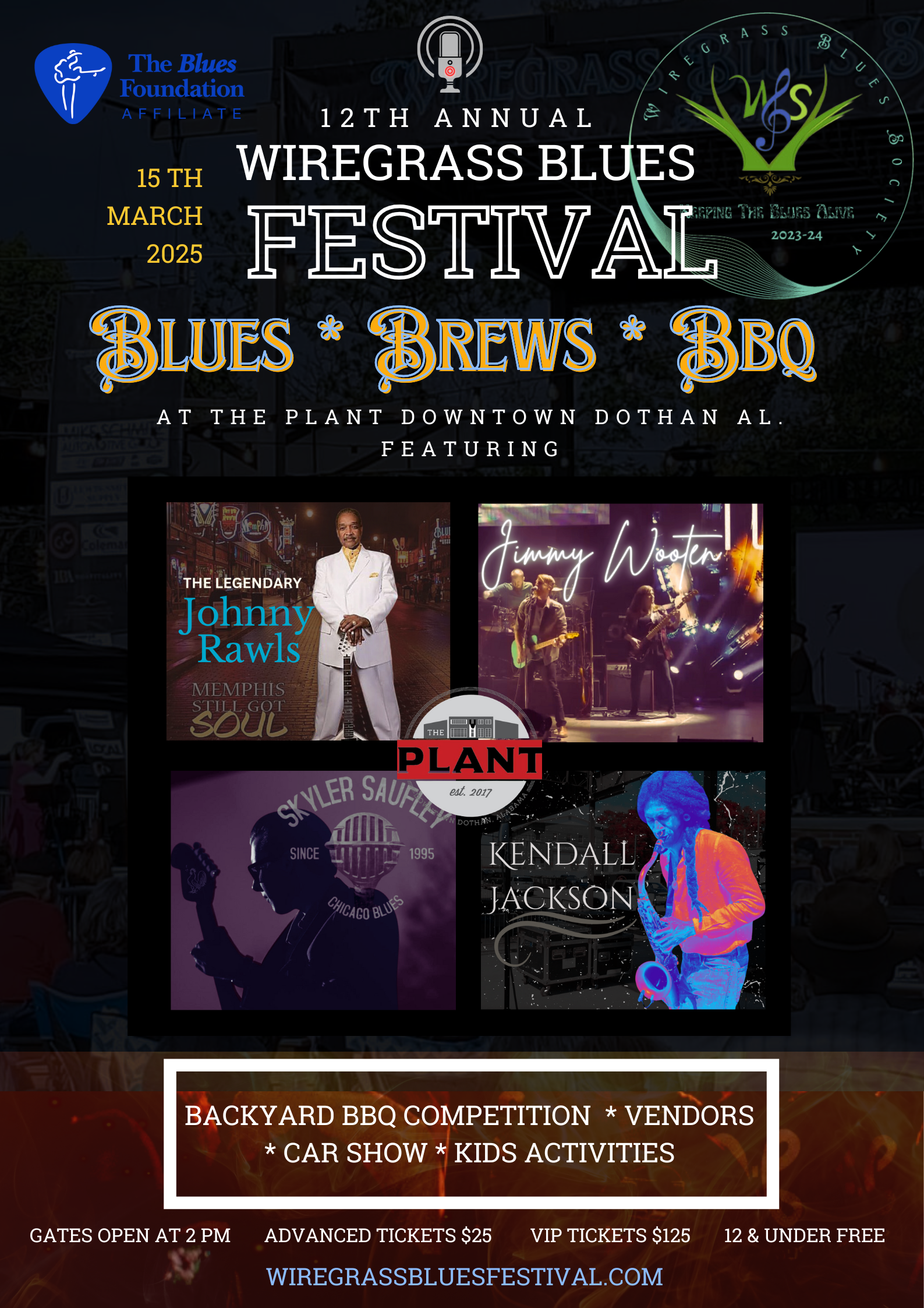 Poster for Wiregrass Blues Festival: Blues, Brews, BBQ, featuring performers and event details.
