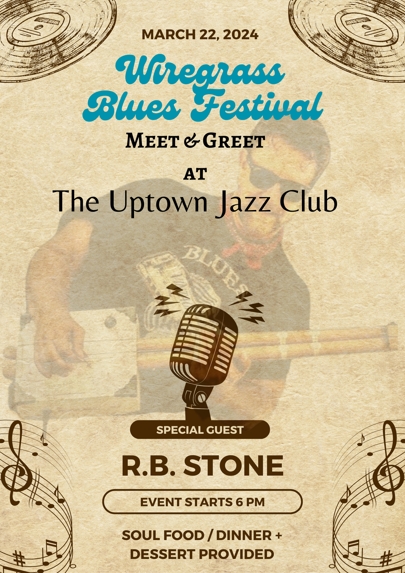Poster for Wiregrass Blues Festival Meet & Greet at The Uptown Jazz Club, with R.B. Stone, soul food, and dinner provided.