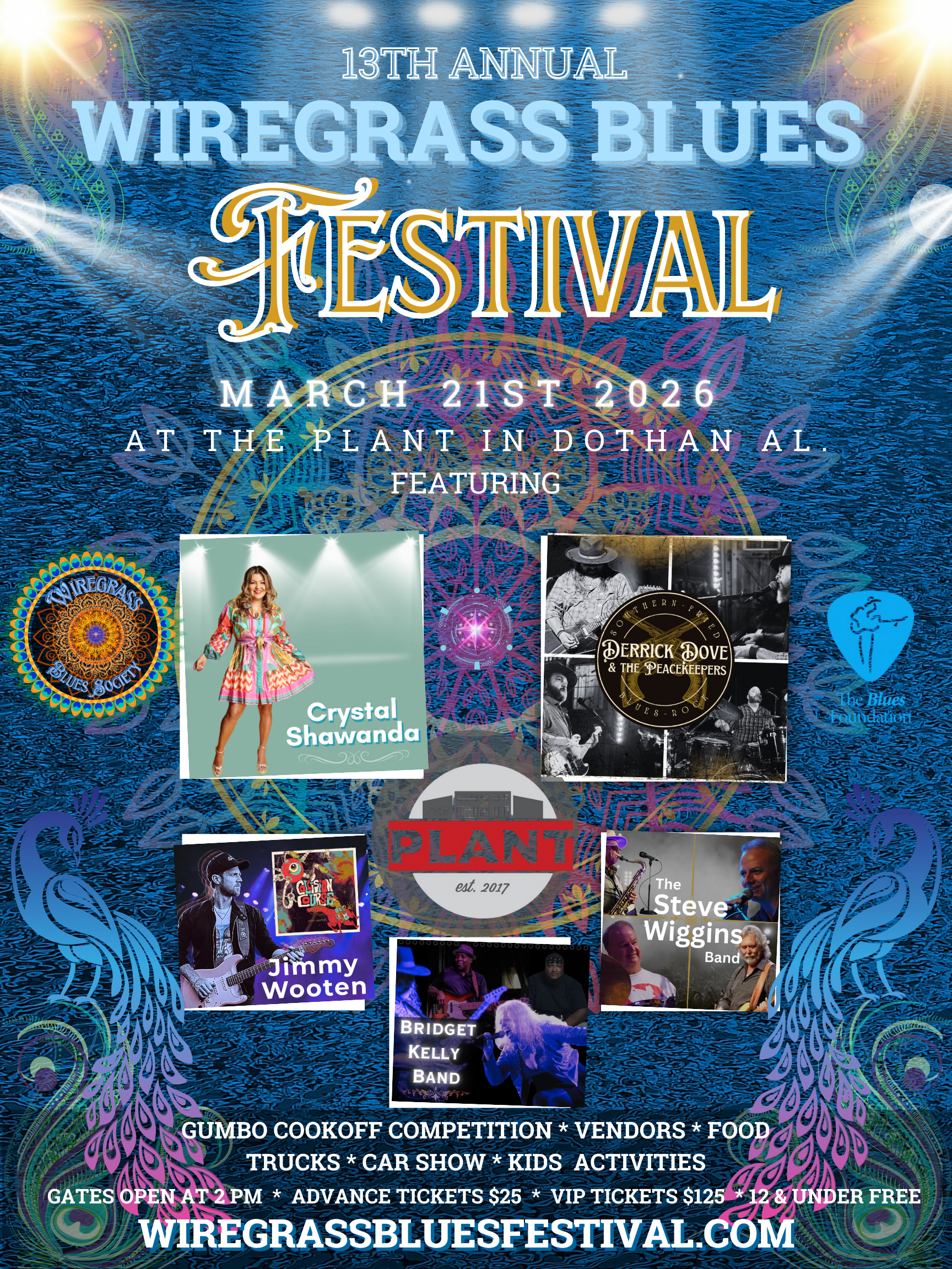 Poster for the 13th Annual Wiregrass Blues Festival. March 21st, 2026. Featuring Crystal Shawanda, and more.