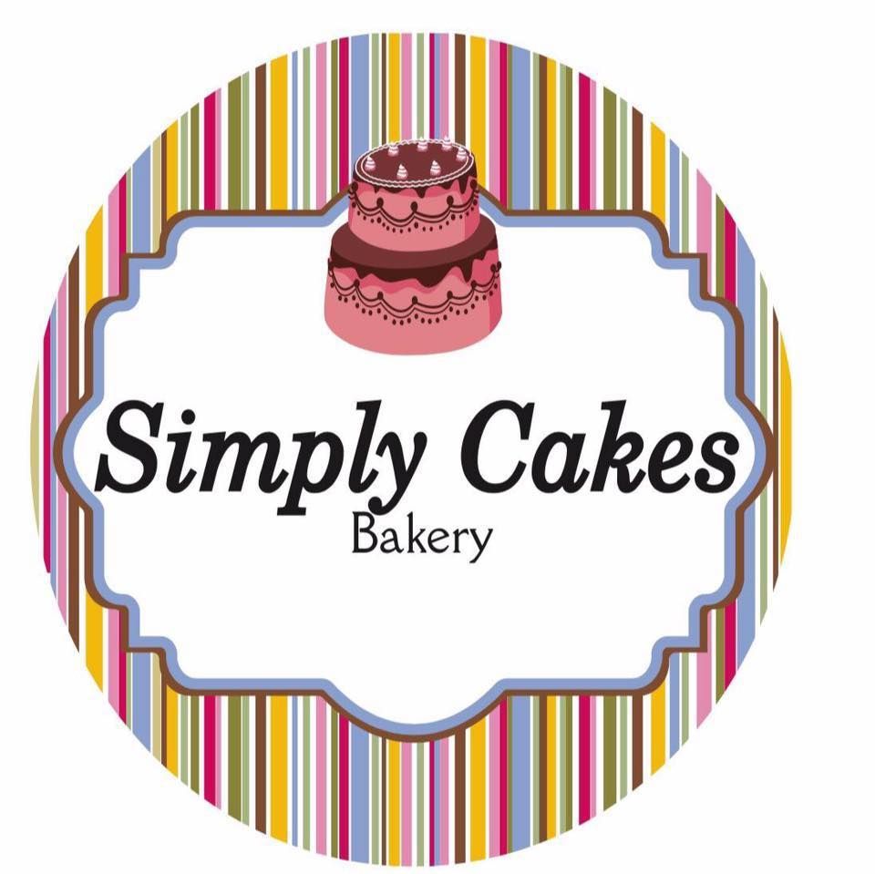 Logo for Simply Cakes Bakery: Two-tier cake on a white and brown frame, surrounded by a striped background.